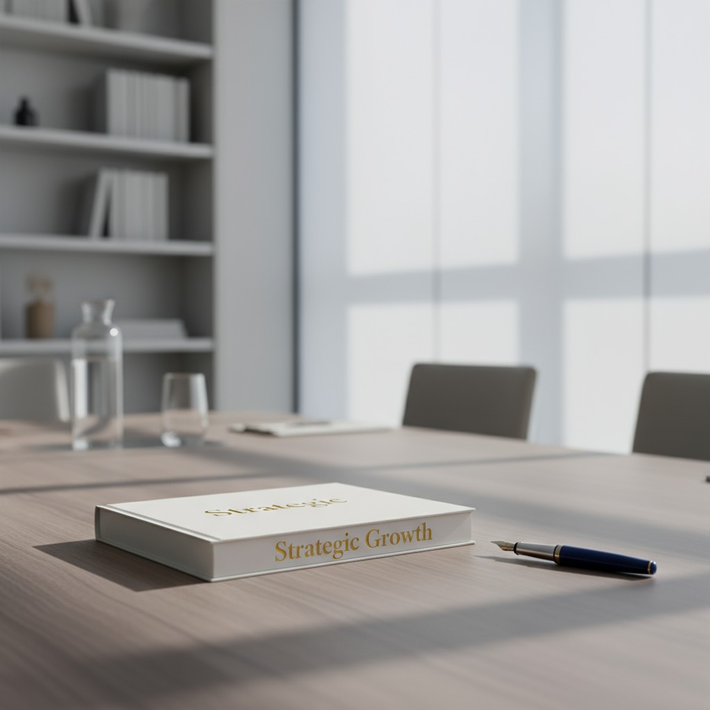 An office conference room with a book on a table titled "Strategic Growth".